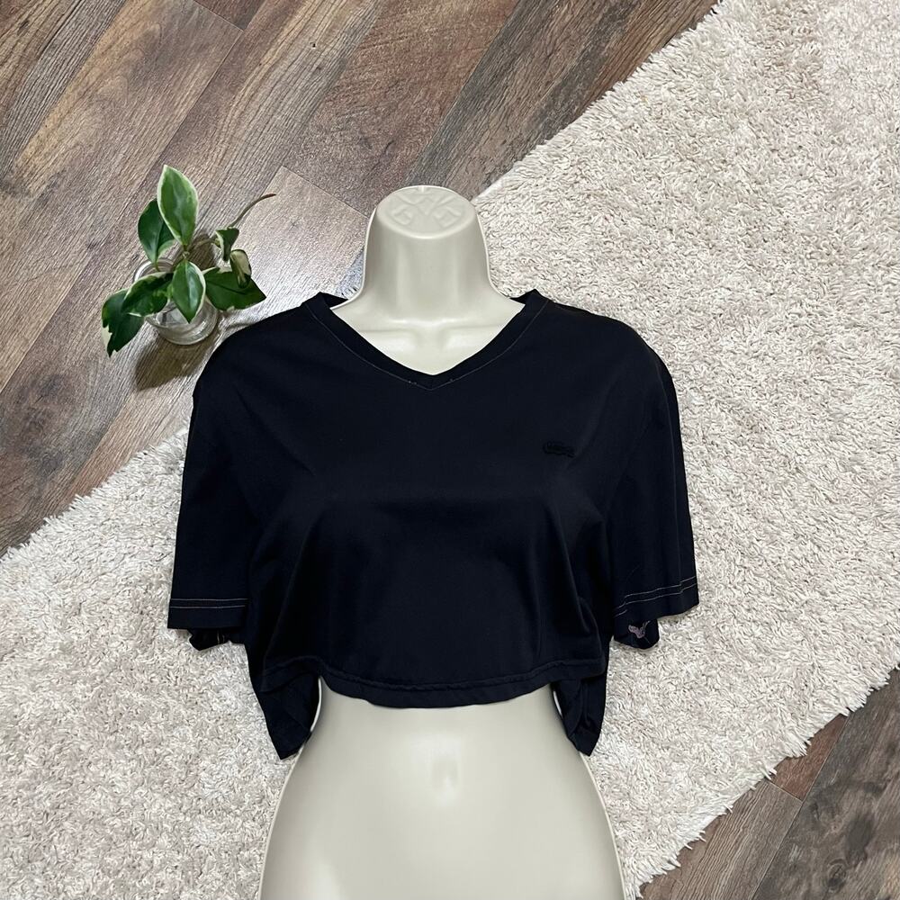 Lacoste Size 6 Oversized Black Pink V-Neck Cropped Short Sleeve Crewneck Tee - Picture 1 of 4